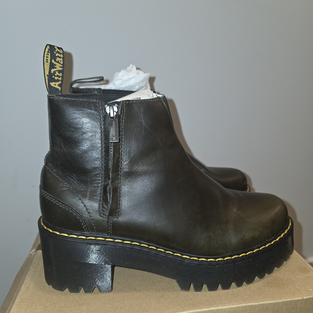 Dr. Martens Dark Brown  Leather Platform Chelsea Ankle Boots with Yellow Stitch